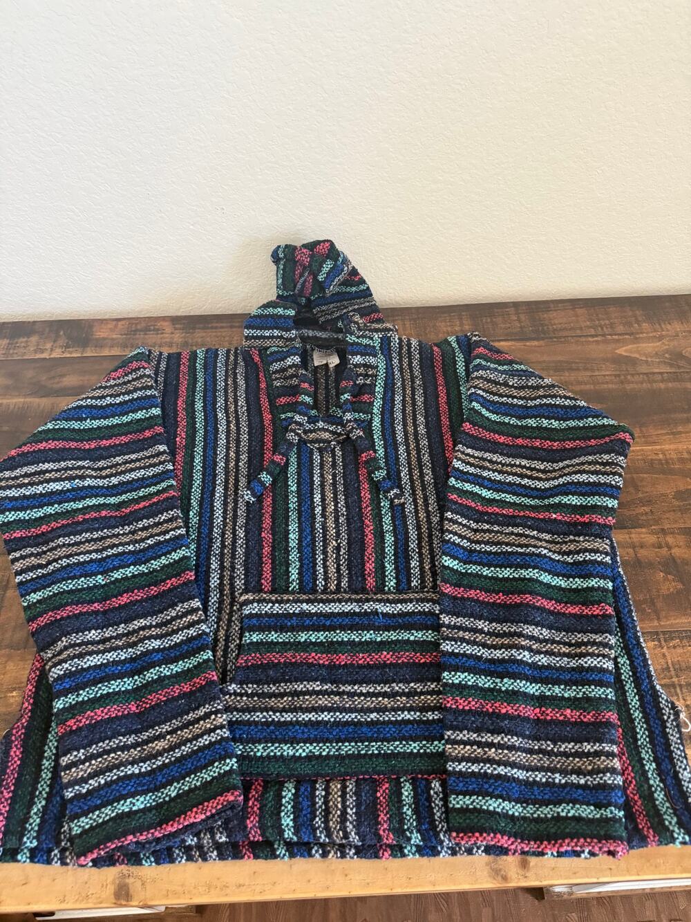 Mexican Baja Hoodie XL Multicolor Striped Drug Rug Pullover Made in Mexico